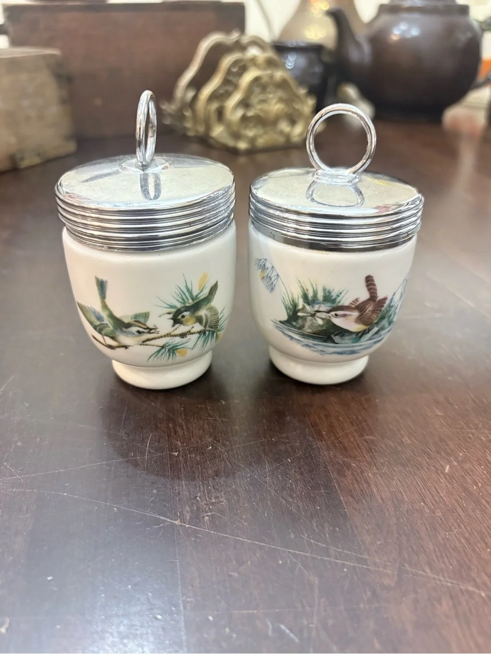 Royal Worcester White Porcelain Egg Cups with Bird Motif